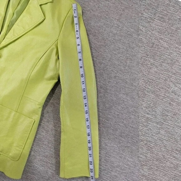 METROSTYLE Leather Jacket Blazer Lime Green Button Front Lined Size 10 Retro - Picture 10 of 13